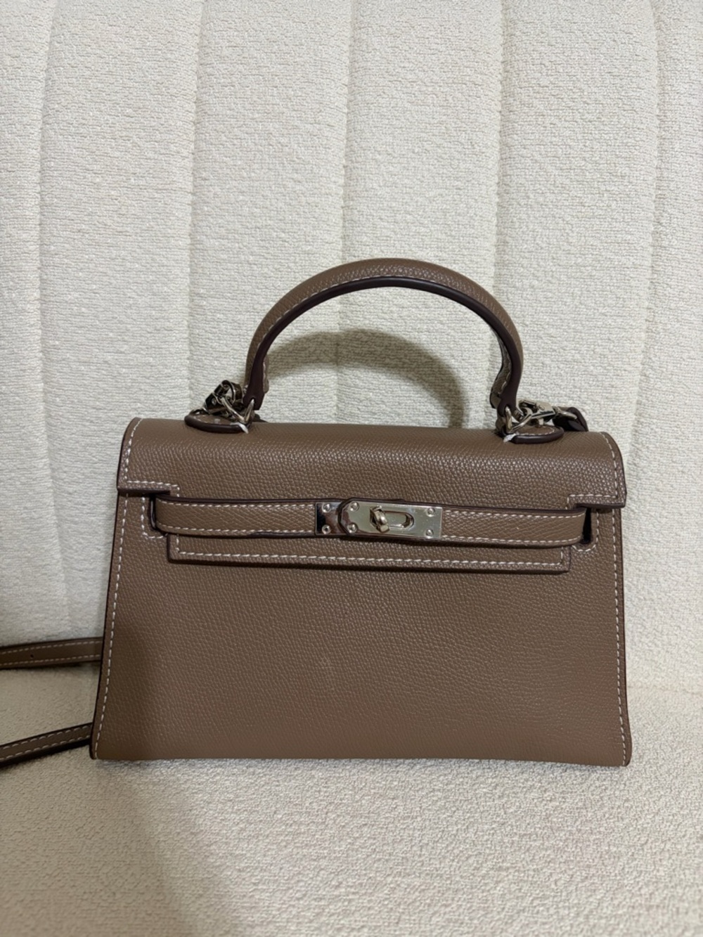 Taupe Pebble Leather Mini Top Handle Bag - Structured Kelly Style Crossbody